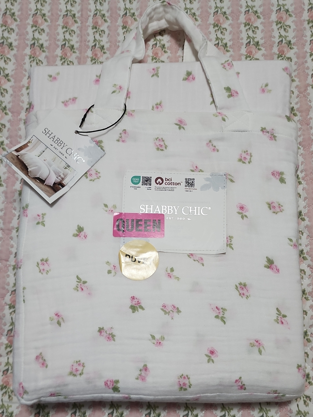 Shabby Chic Gauze Cotton Pink Rose Bud Print Duvet Cover + 2 Pillow Covers Set
